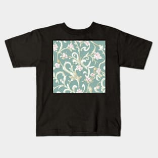 Ivory Cream and Aqua Light Teal Pink Flowers Kids T-Shirt